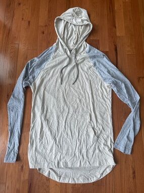 American Rag Beige Hoodie in Beige and Grey with Navy Logo Print